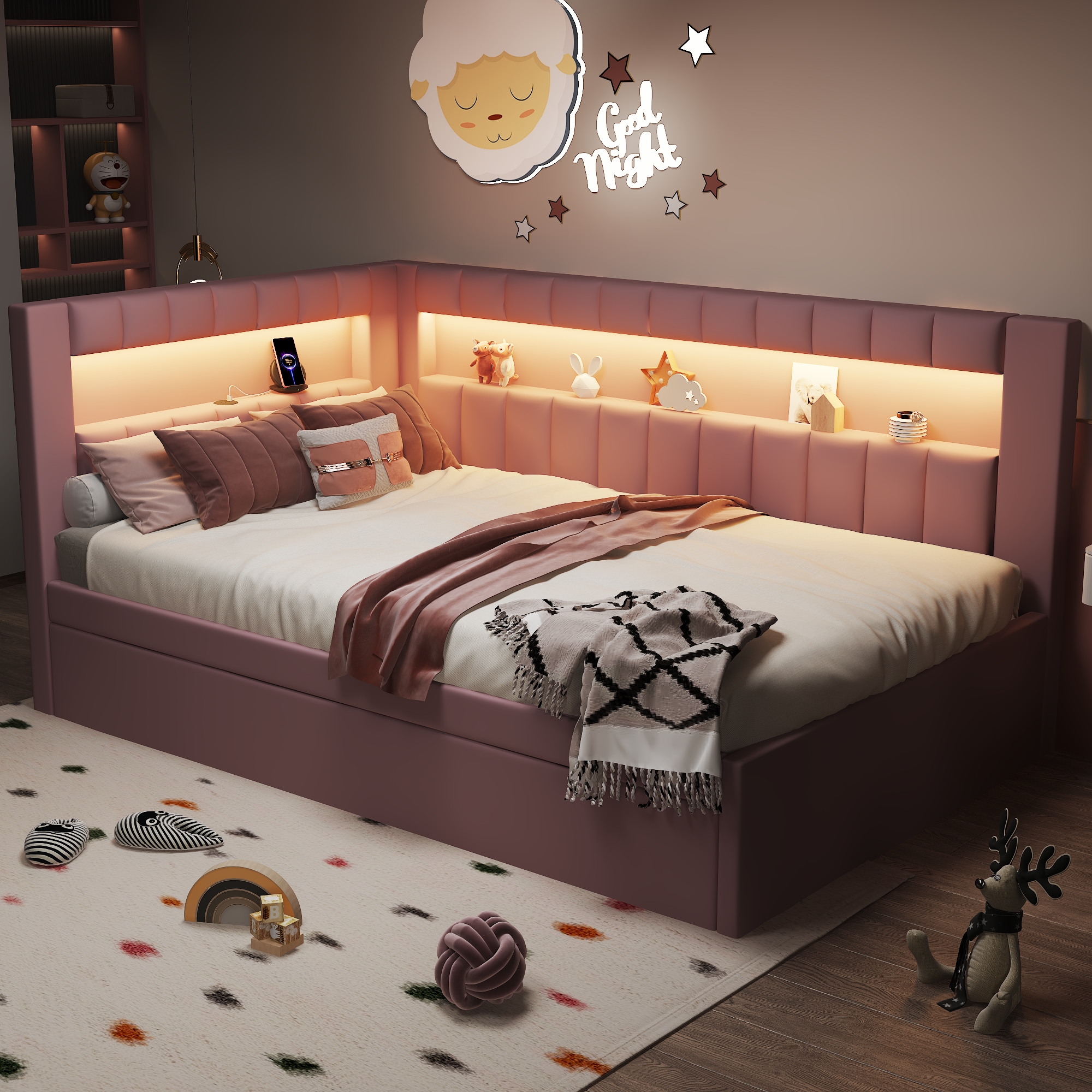 Upholstered Twin Size Platform Bed with Trundle, USB Ports and LED Belt