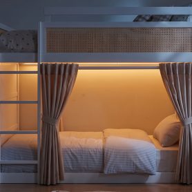 Full Size Bunk Bed with 3-Tier Storage Shelf, Rattan Decor, Privacy Curtains & Lights