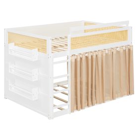 Full Size Bunk Bed with 3-Tier Storage Shelf, Rattan Decor, Privacy Curtains & Lights