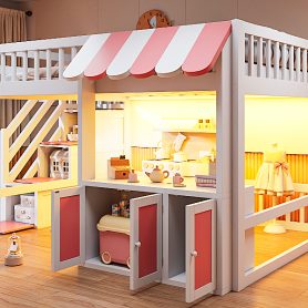 Full Size Loft Bed with Storage Steps, LED Light, Under Bed Cabinets