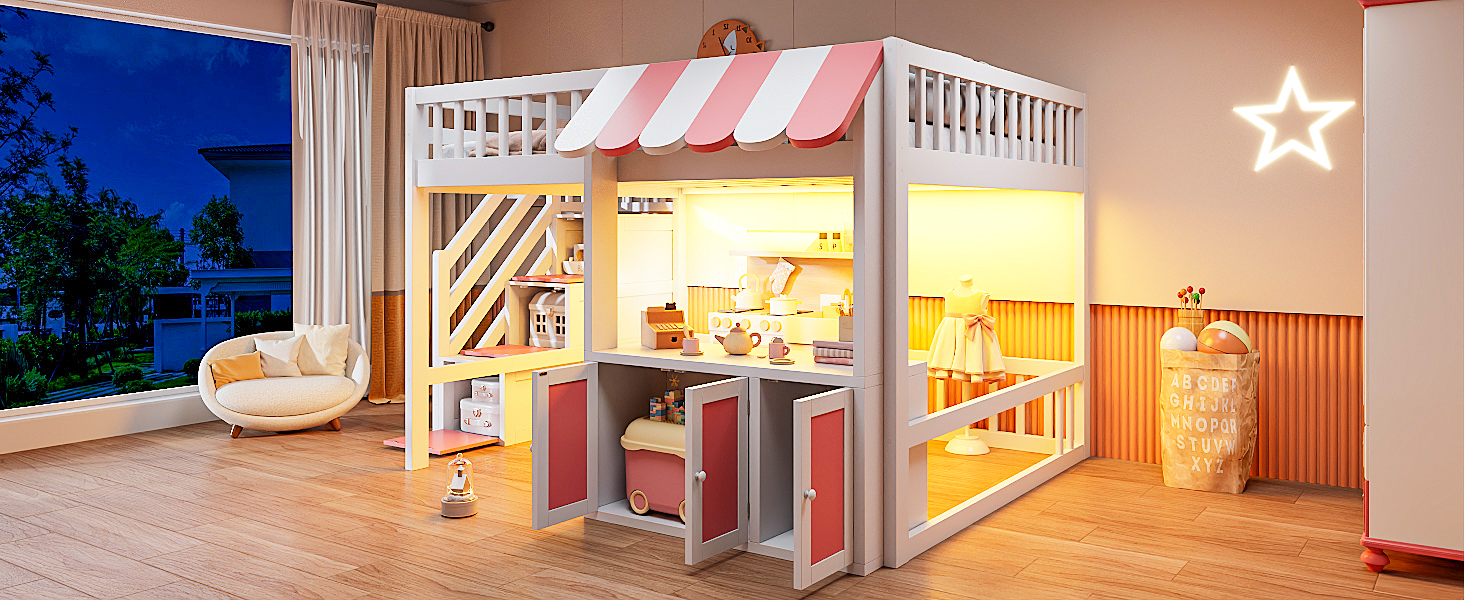 Full Size Loft Bed with Storage Steps, LED Light, Under Bed Cabinets