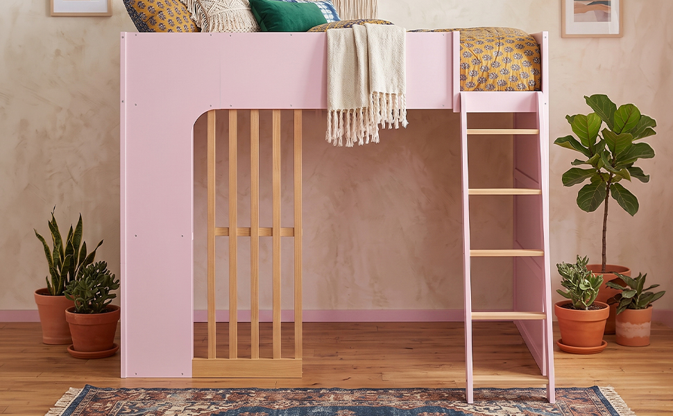 Full Size Wooden High Sleeper Loft Bed with Ladder and Storage Shelves