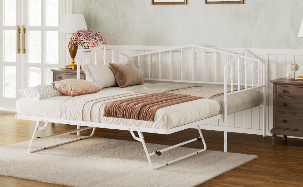 Twin Size Stylish Metal Daybed with Twin Size Adjustable Trundle