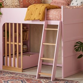 Twin Size Wooden High Sleeper Loft Bed with Ladder and Storage Shelves