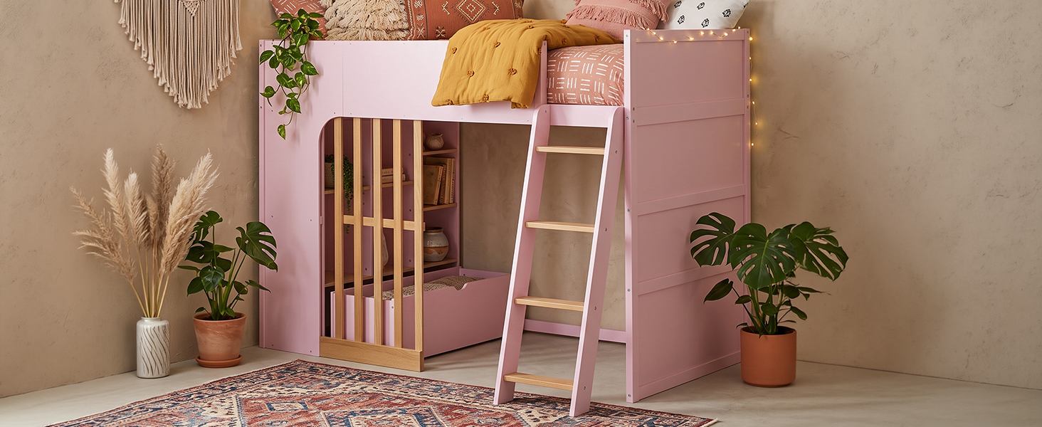 Twin Size Wooden High Sleeper Loft Bed with Ladder and Storage Shelves