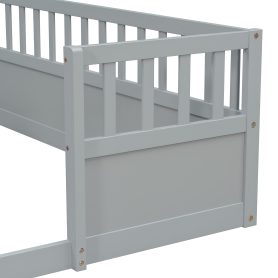 Double Pine Wood Twin Floor Bed with Semi-Enclosed Safety Guardrails, Open Entrance