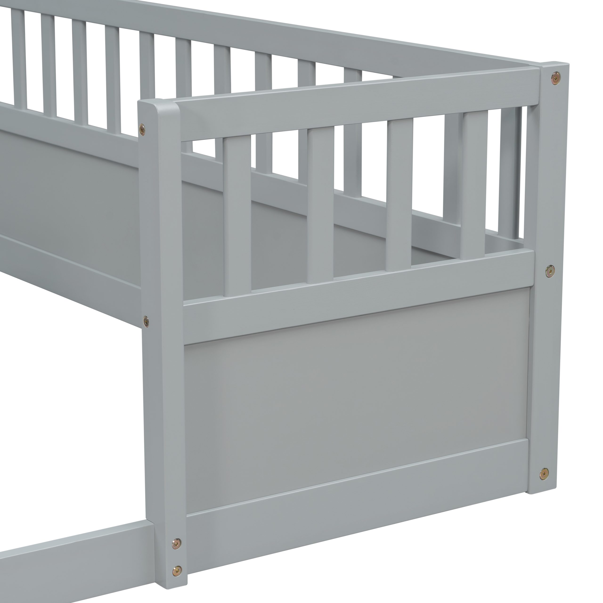Double Pine Wood Twin Floor Bed with Semi-Enclosed Safety Guardrails, Open Entrance