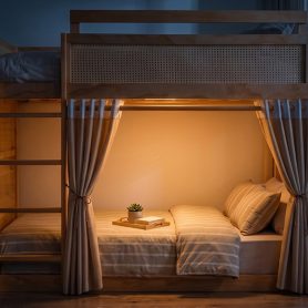 Twin Size Bunk Bed with 3-Tier Storage Shelf, Rattan Decor, Privacy Curtains & Lights