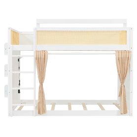 Full Size Bunk Bed with 3-Tier Storage Shelf, Rattan Decor, Privacy Curtains & Lights