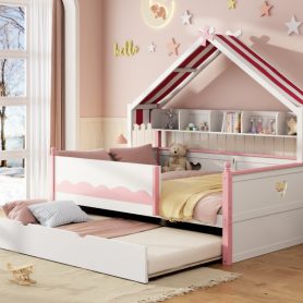 Full Size House-Shaped Daybed with Built-In Bookshelf and Trundle