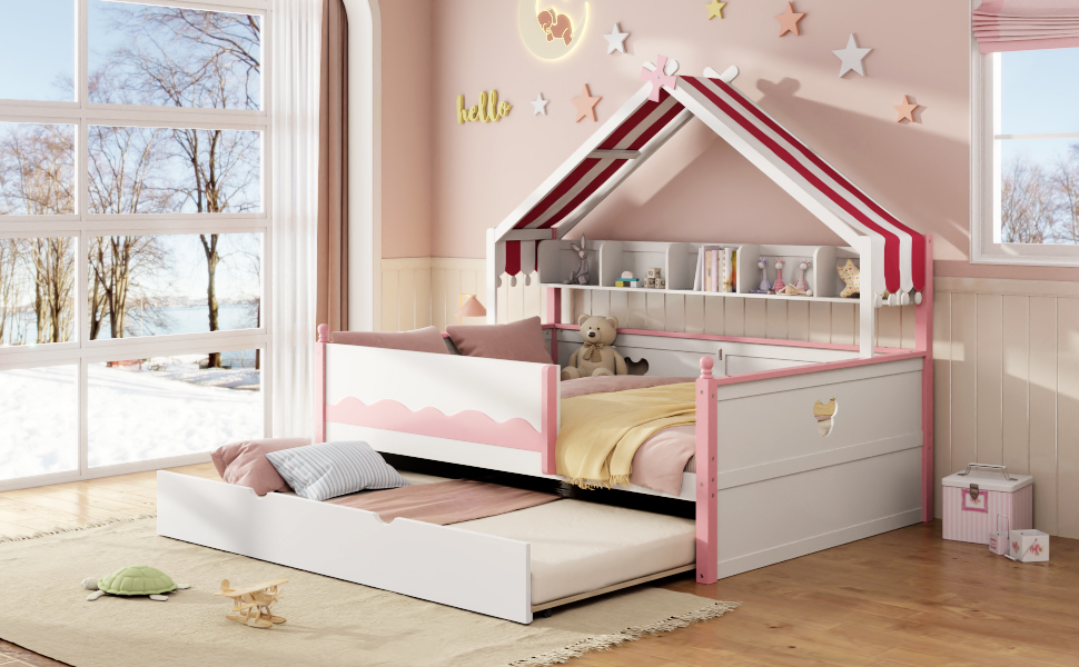 Full Size House-Shaped Daybed with Built-In Bookshelf and Trundle