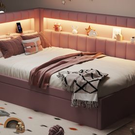 Upholstered Twin Size Platform Bed with Trundle, USB Ports and LED Belt