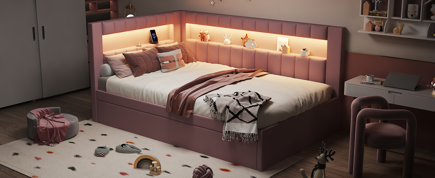 Upholstered Twin Size Platform Bed with Trundle, USB Ports and LED Belt