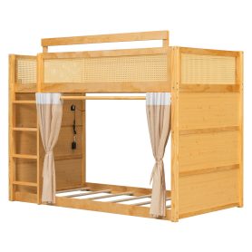 Twin Size Bunk Bed with 3-Tier Storage Shelf, Rattan Decor, Privacy Curtains & Lights