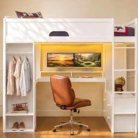 Full Size Solid Wood Loft Bed With L-Shaped Desk, Storage Cabinet and Wardrobe