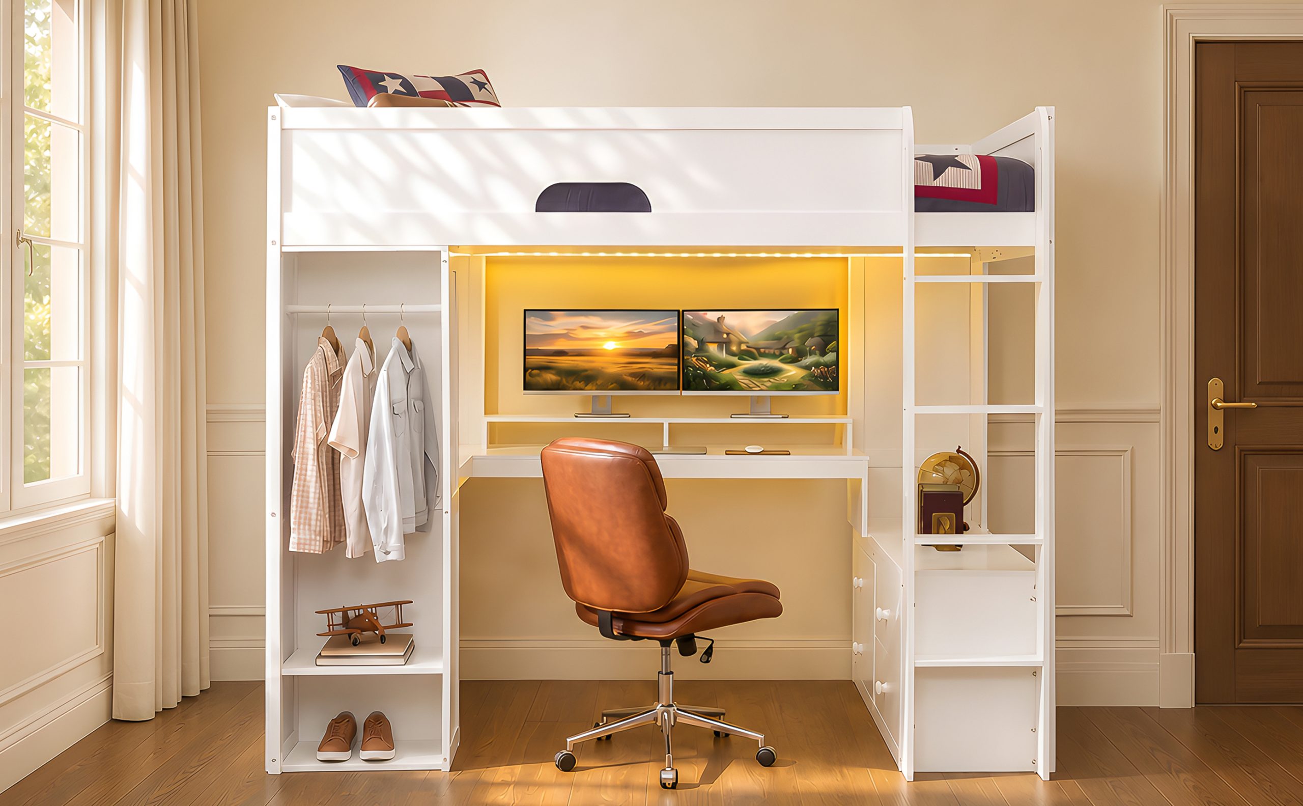 Full Size Solid Wood Loft Bed With L-Shaped Desk, Storage Cabinet and Wardrobe