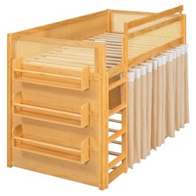 Twin Size Bunk Bed with 3-Tier Storage Shelf, Rattan Decor, Privacy Curtains & Lights