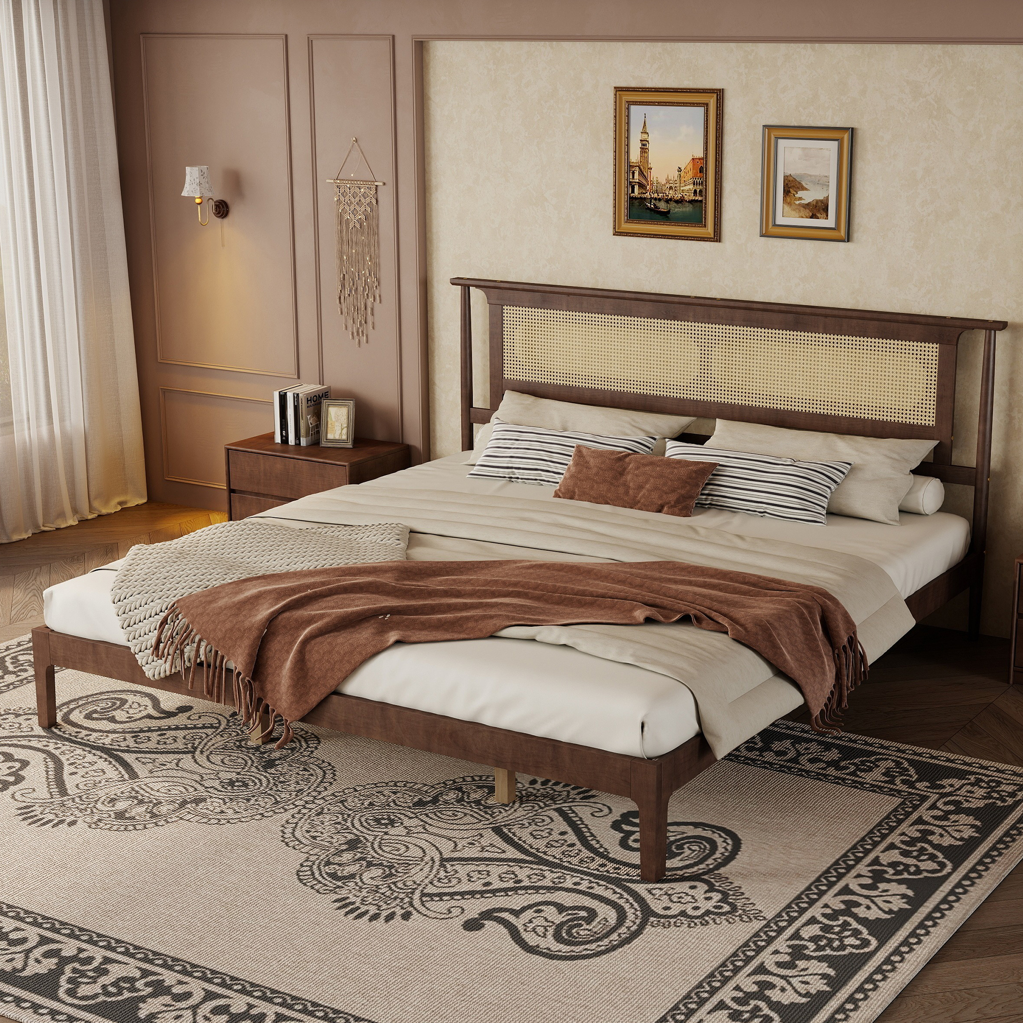 King Size Solid Wooden Bed with Rattan Headboard