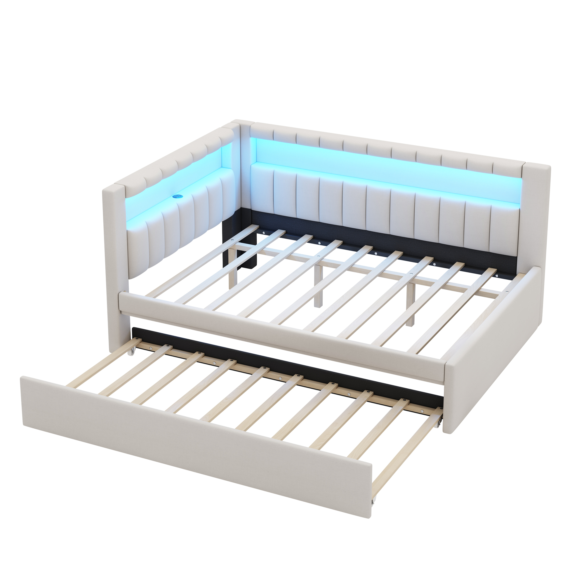 Upholstered Full Size Platform Bed with Trundle, USB Ports and LED Belt