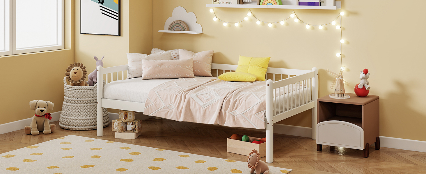 Twin Pine Wood Daybed With 3-Side Guardrails & 10 Support Slats