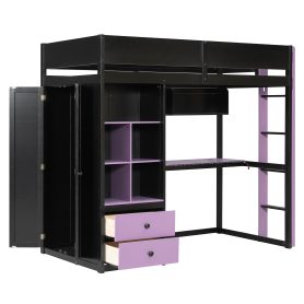 Twin Size Solid Wood Loft Bed with Desk, Storage Cabinet and Wardrobe