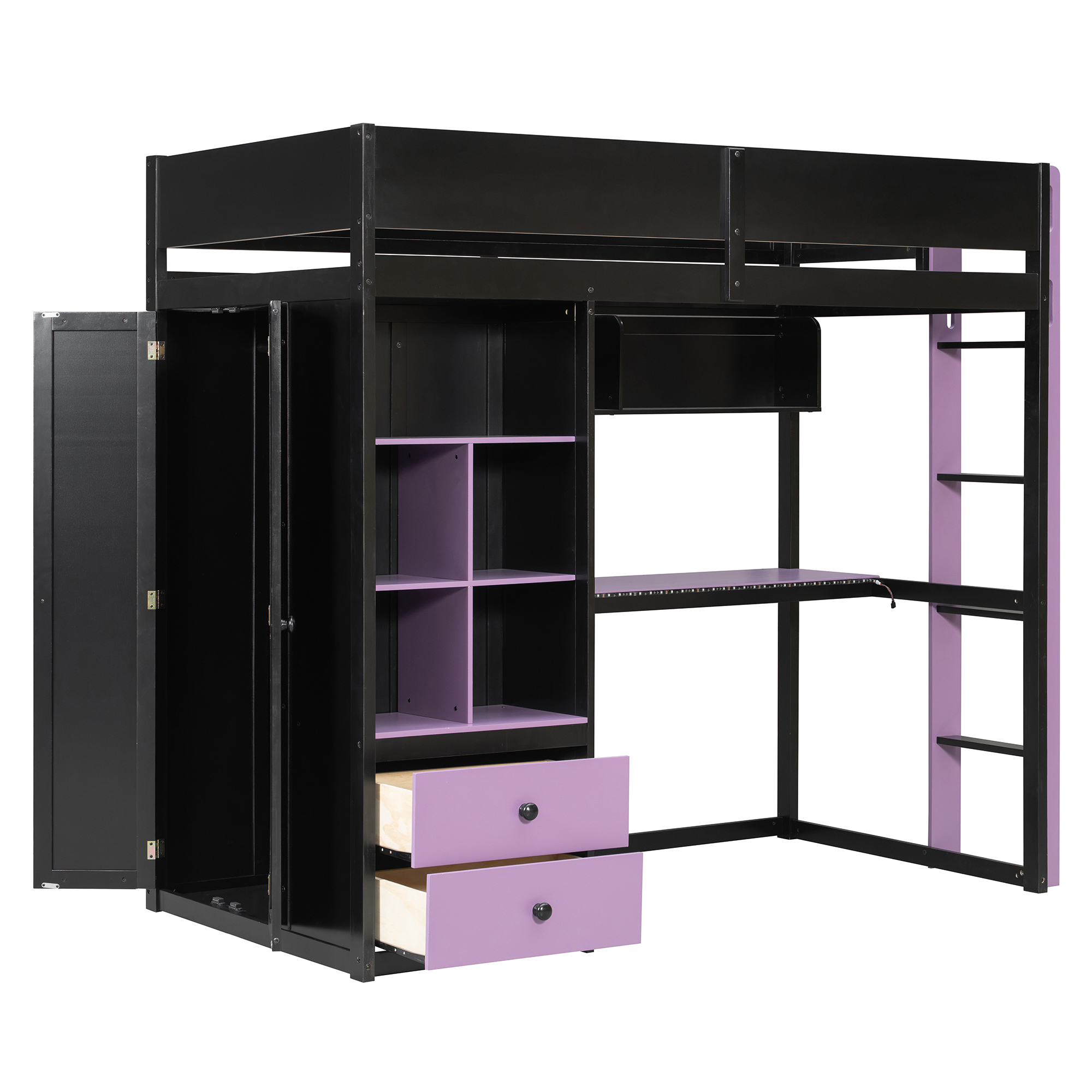 Twin Size Solid Wood Loft Bed with Desk, Storage Cabinet and Wardrobe