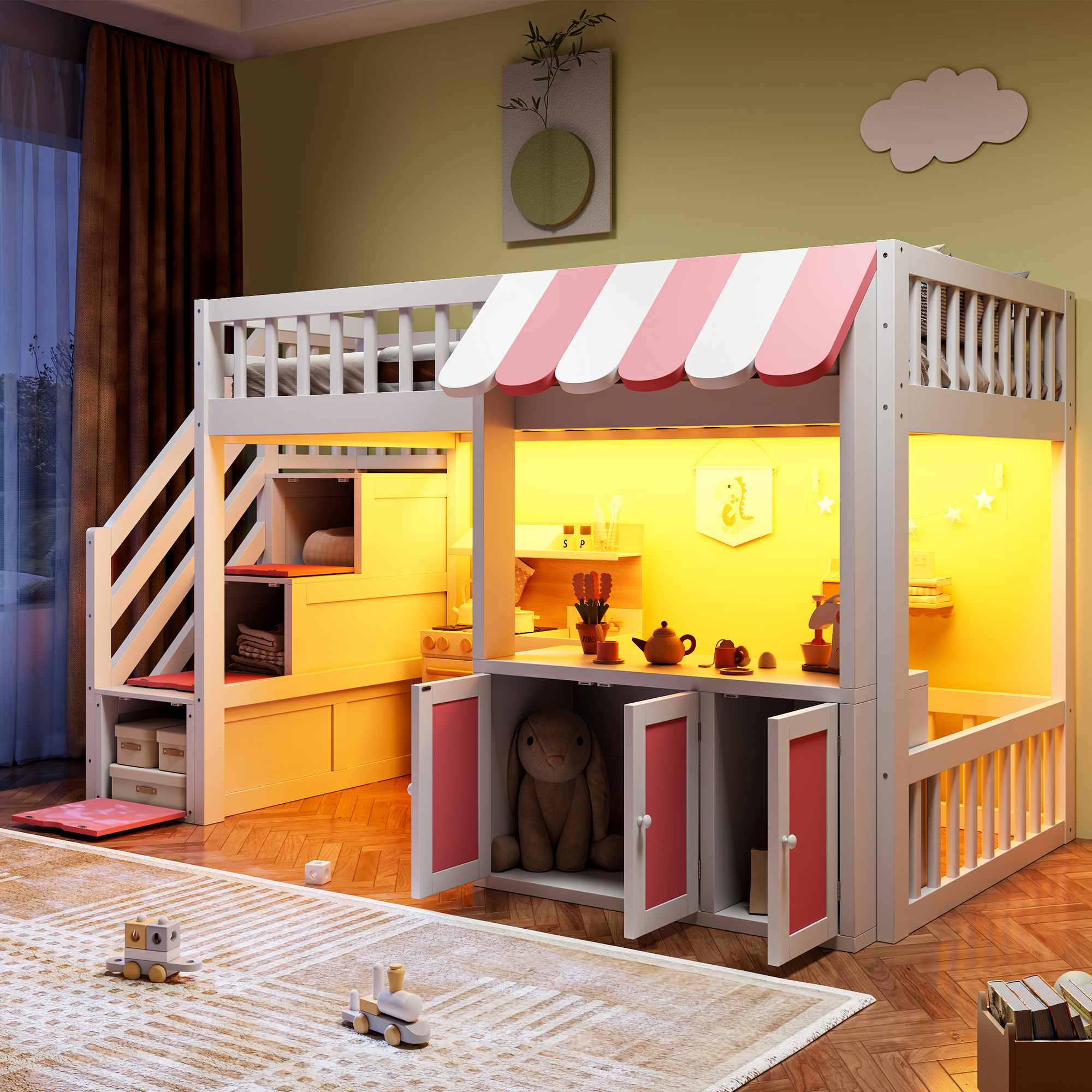Twin Size Loft Bed with Storage Steps, LED Light, Under Bed Cabinets