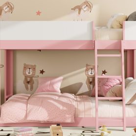 Queen Size Low Convertible Bunk Bed With Reversible Ladder And Safety Guardrails