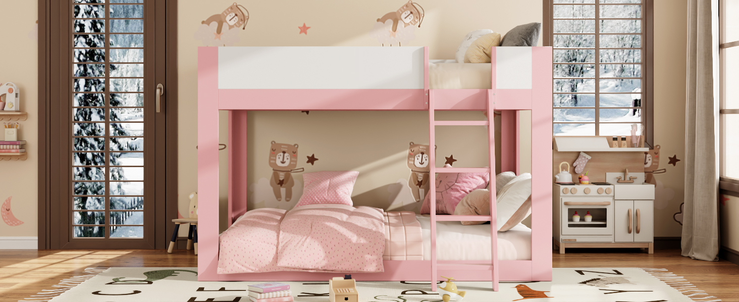 Queen Size Low Convertible Bunk Bed With Reversible Ladder And Safety Guardrails