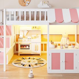 Full Size Loft Bed with Storage Steps, LED Light, Under Bed Cabinets