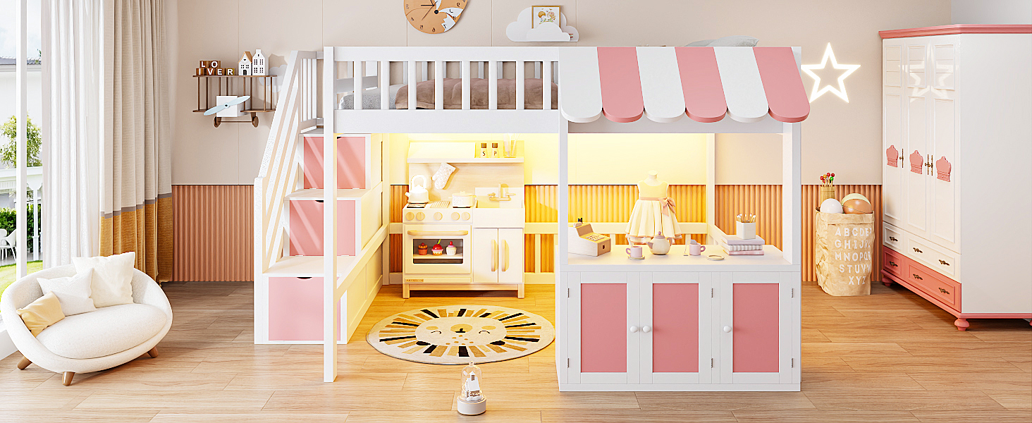 Full Size Loft Bed with Storage Steps, LED Light, Under Bed Cabinets