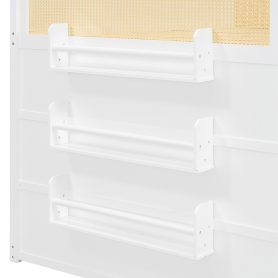 Full Size Bunk Bed with 3-Tier Storage Shelf, Rattan Decor, Privacy Curtains & Lights