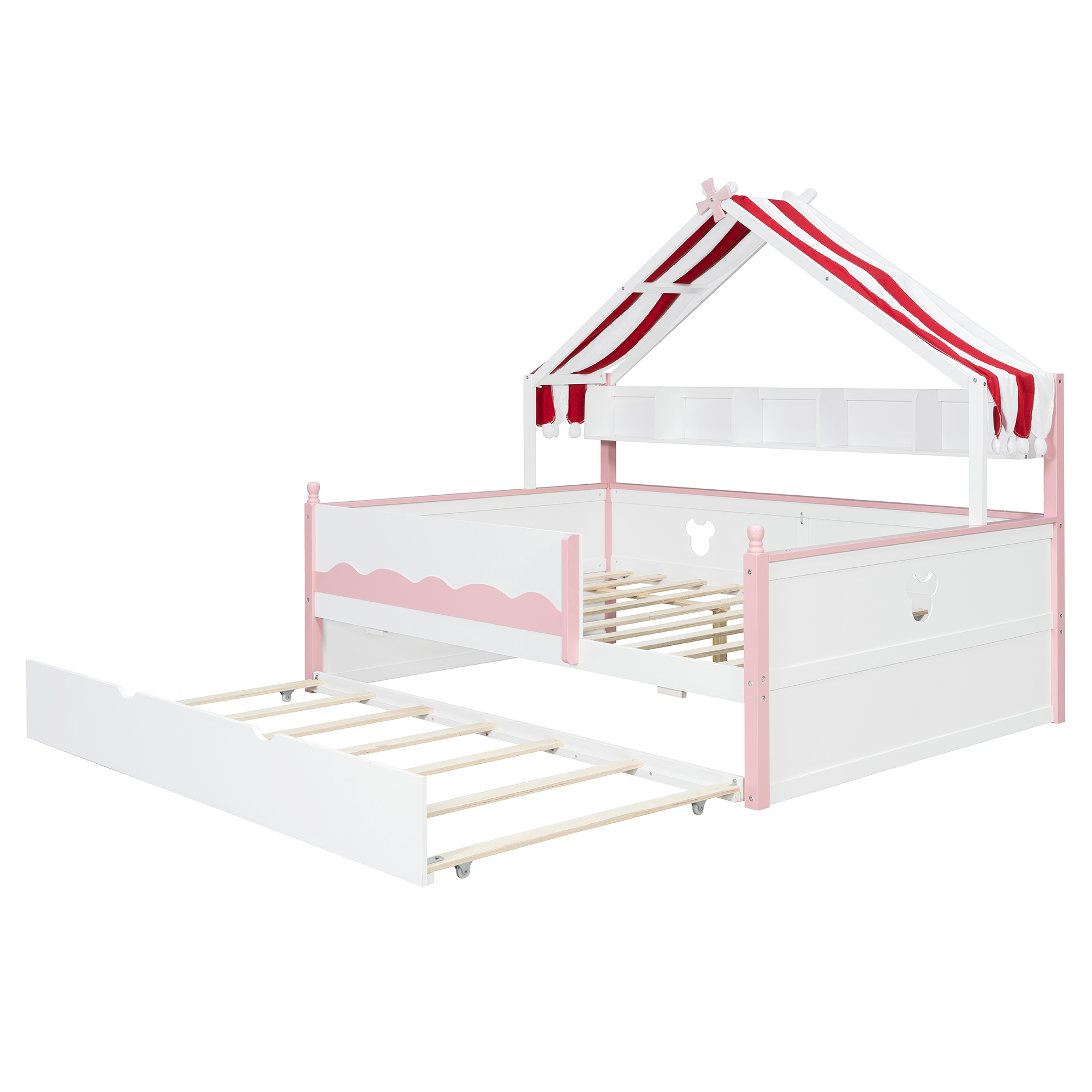 Full Size House-Shaped Daybed with Built-In Bookshelf and Trundle
