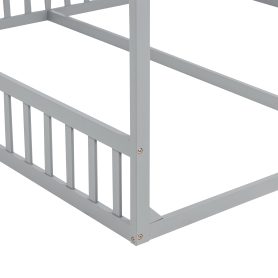 Double Twin House-Shaped Floor Bed with Safety Guardrails