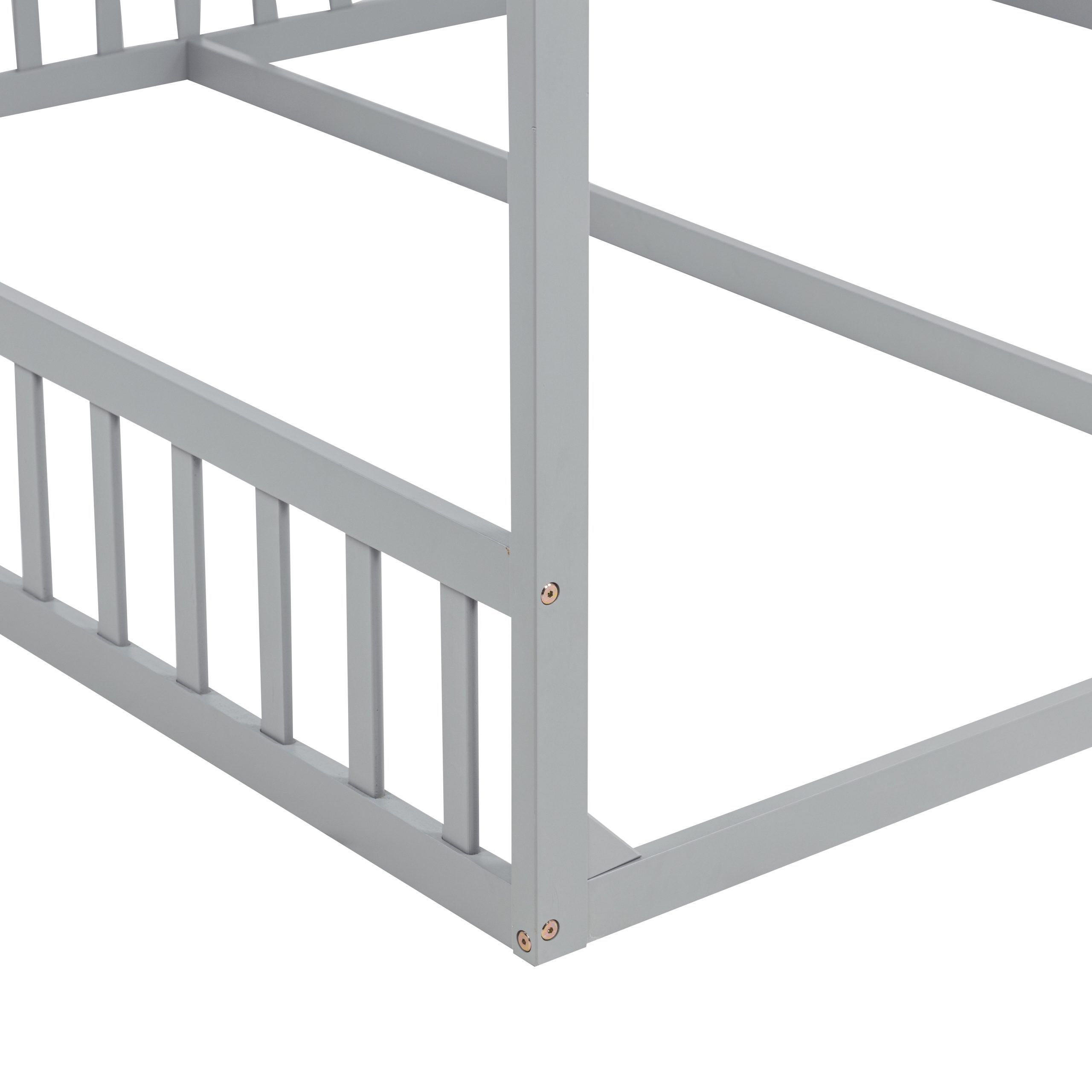 Double Twin House-Shaped Floor Bed with Safety Guardrails