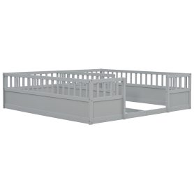 Double Pine Wood Twin Floor Bed with Semi-Enclosed Safety Guardrails, Open Entrance