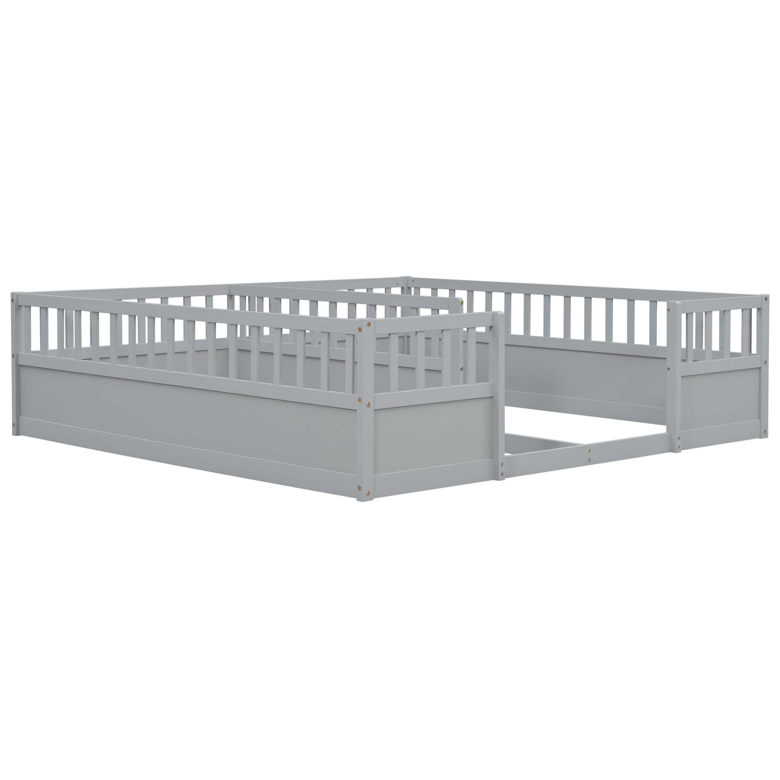 Double Pine Wood Twin Floor Bed with Semi-Enclosed Safety Guardrails, Open Entrance