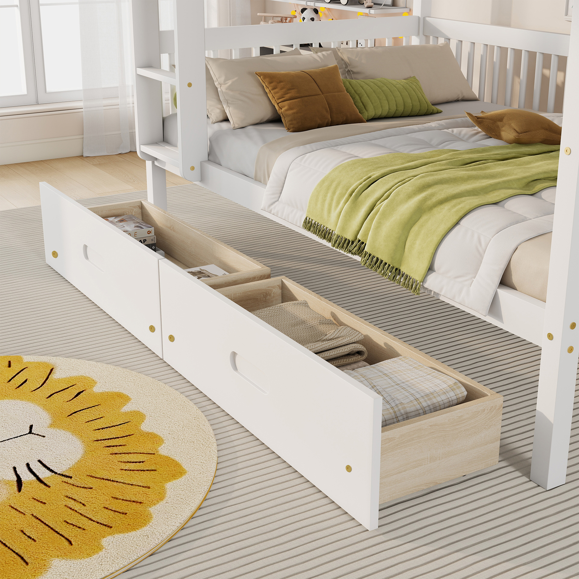Twin Over Twin Pine Wood Bunk Bed With 2 Drawers, Convertible into 2 Twin Beds