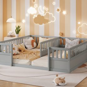 Double Pine Wood Twin Floor Bed with Semi-Enclosed Safety Guardrails, Open Entrance