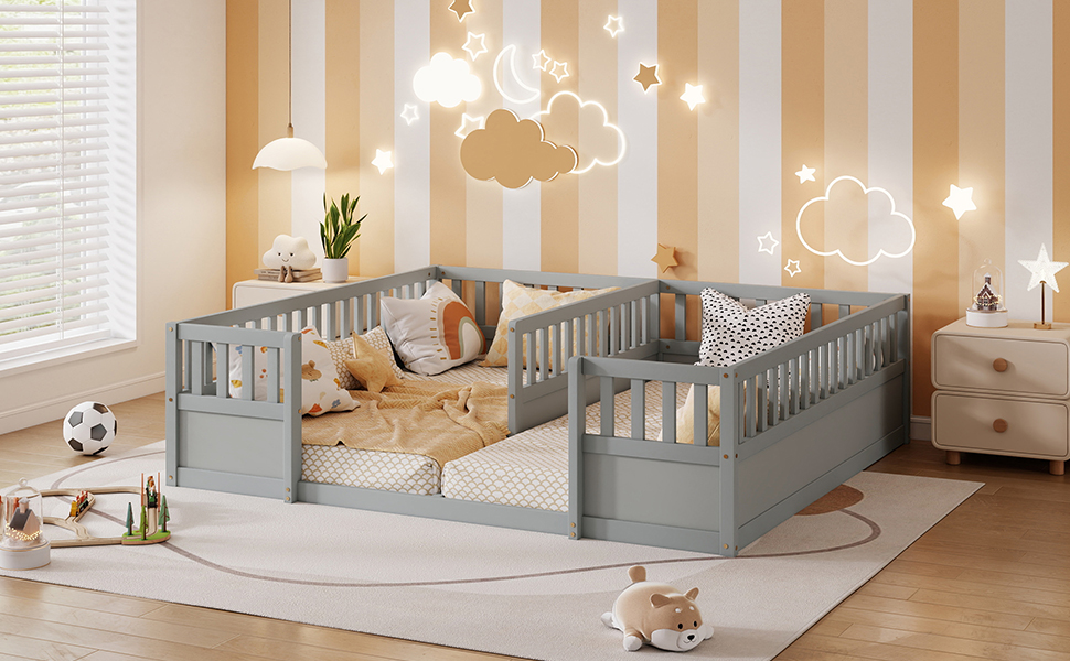 Double Pine Wood Twin Floor Bed with Semi-Enclosed Safety Guardrails, Open Entrance