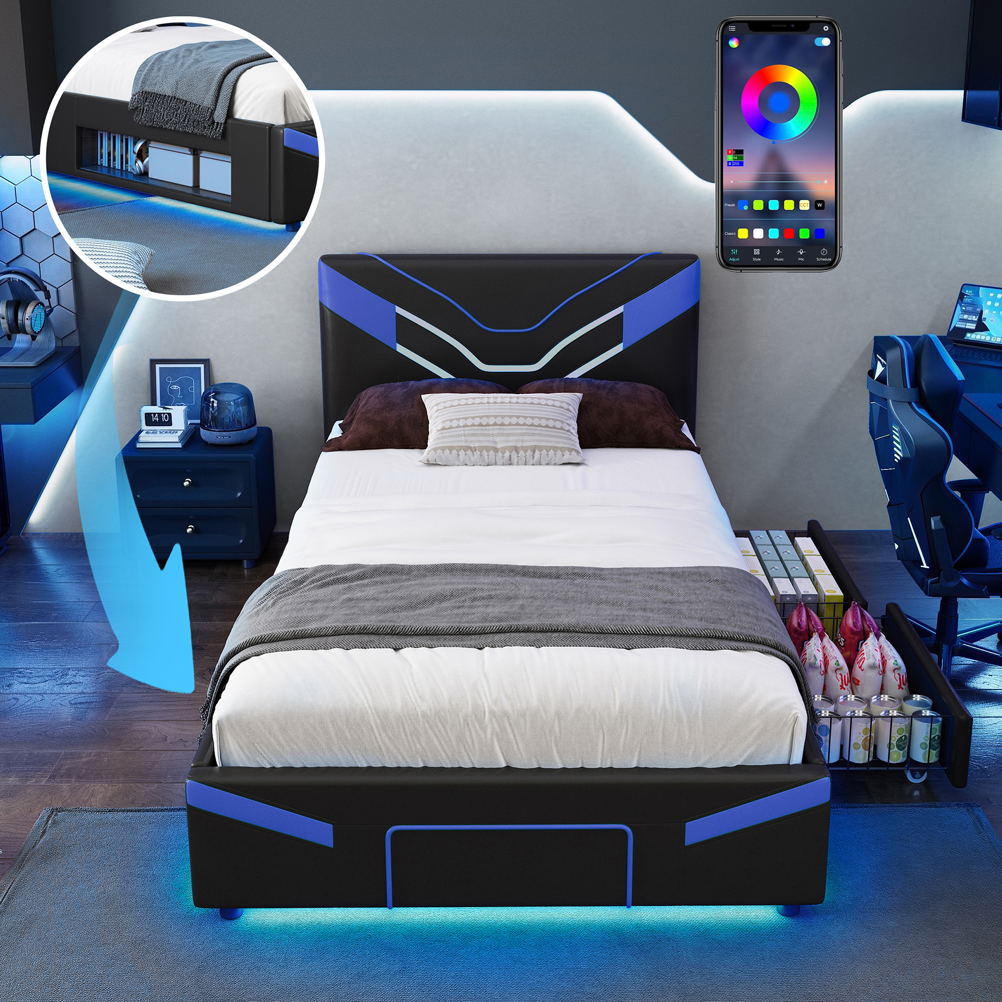 Twin Size Upholstered Gaming Bed Frame with LED Lights