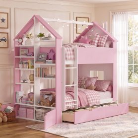 Twin Over Twin House Bed with Storage Drawers & Shelves