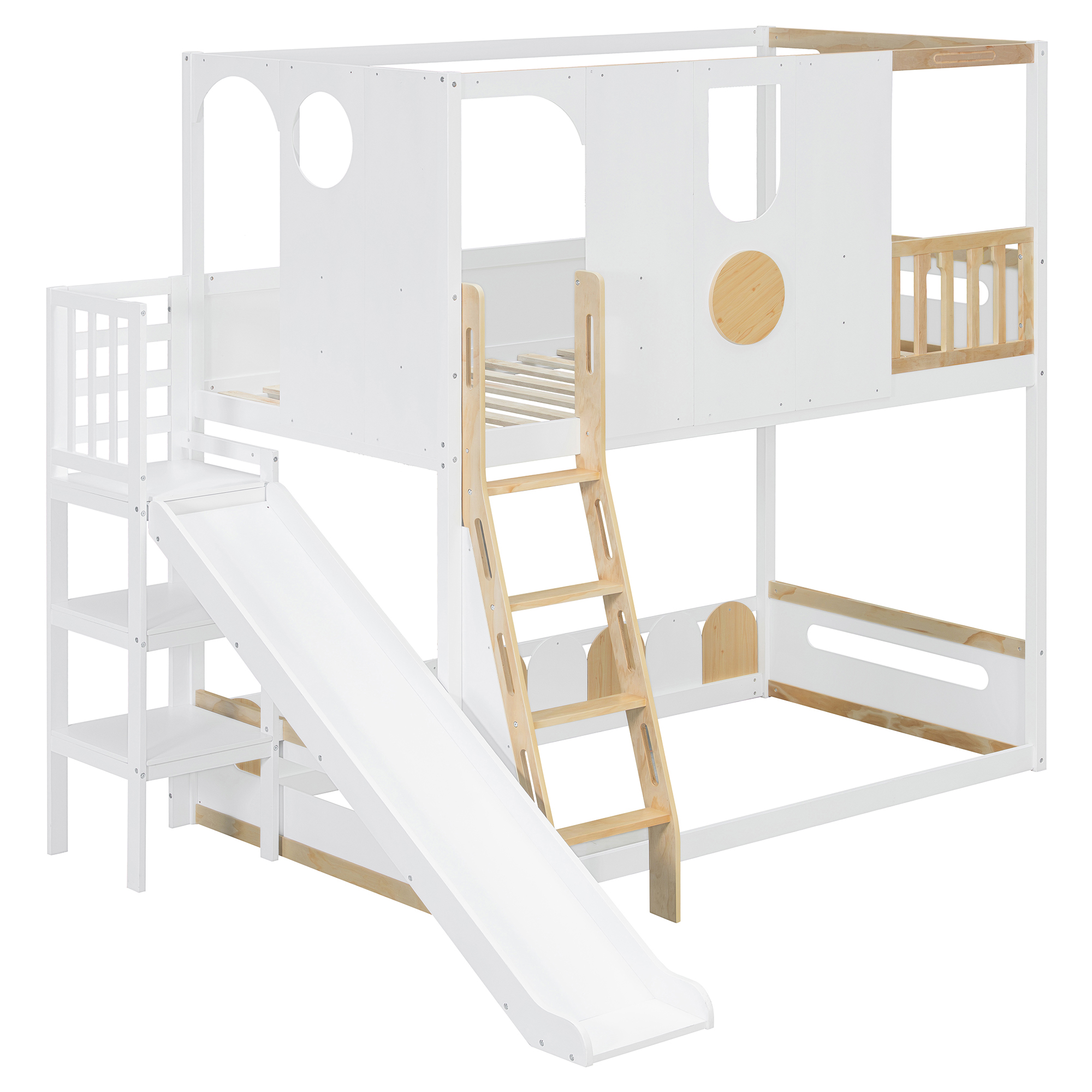 Twin Size Kids Loft Bed With Slide, Storage Shelves And Guardrails