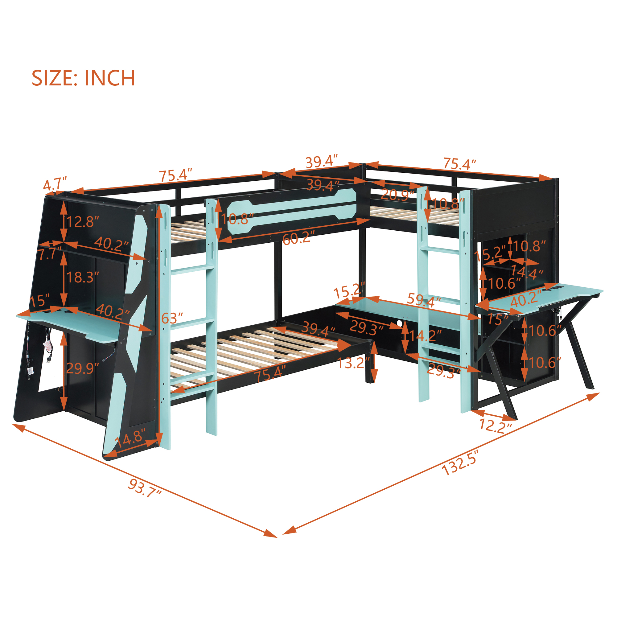 L-Shaped Wooden Twin Size Gaming Bed Frame with RGB LED Lights, USB Ports, TV Stand & Storage Shelves
