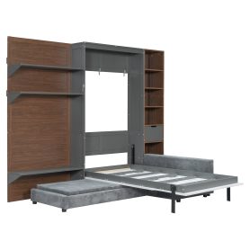Twin Murphy Bed with Storage Cabinet, Open Shelving & USB Port, Large Sofa Front