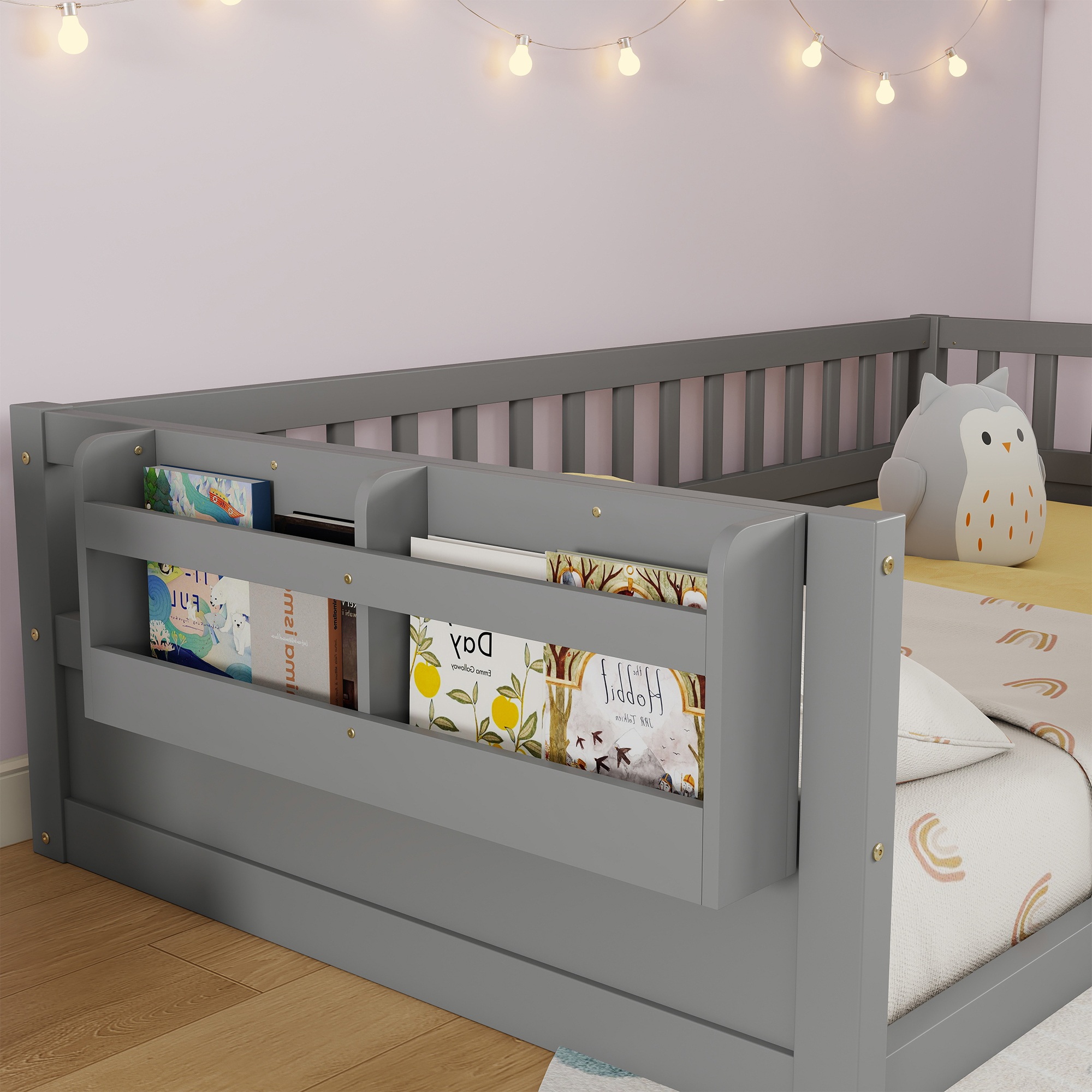 Twin Montessori Floor Bed with High Rails, Light And Storage Shelf
