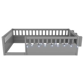 Twin Montessori Floor Bed with High Rails, Light And Storage Shelf