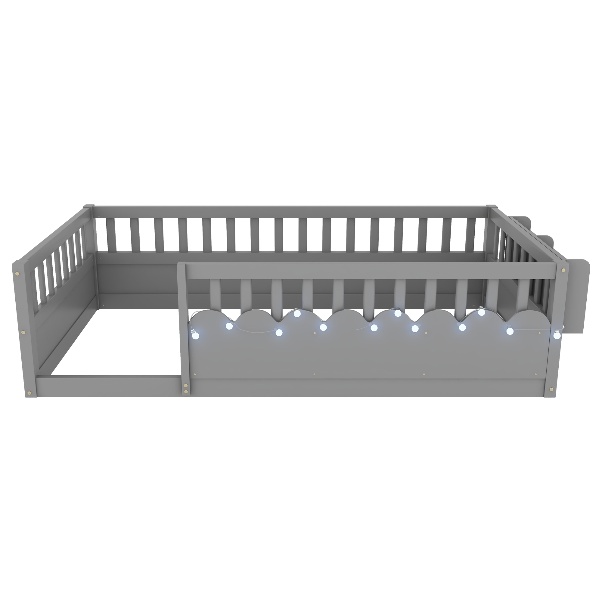 Twin Montessori Floor Bed with High Rails, Light And Storage Shelf