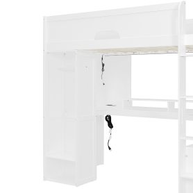 Twin Size Solid Wood Loft Bed With L-Shaped Desk, Storage Cabinet and Wardrobe