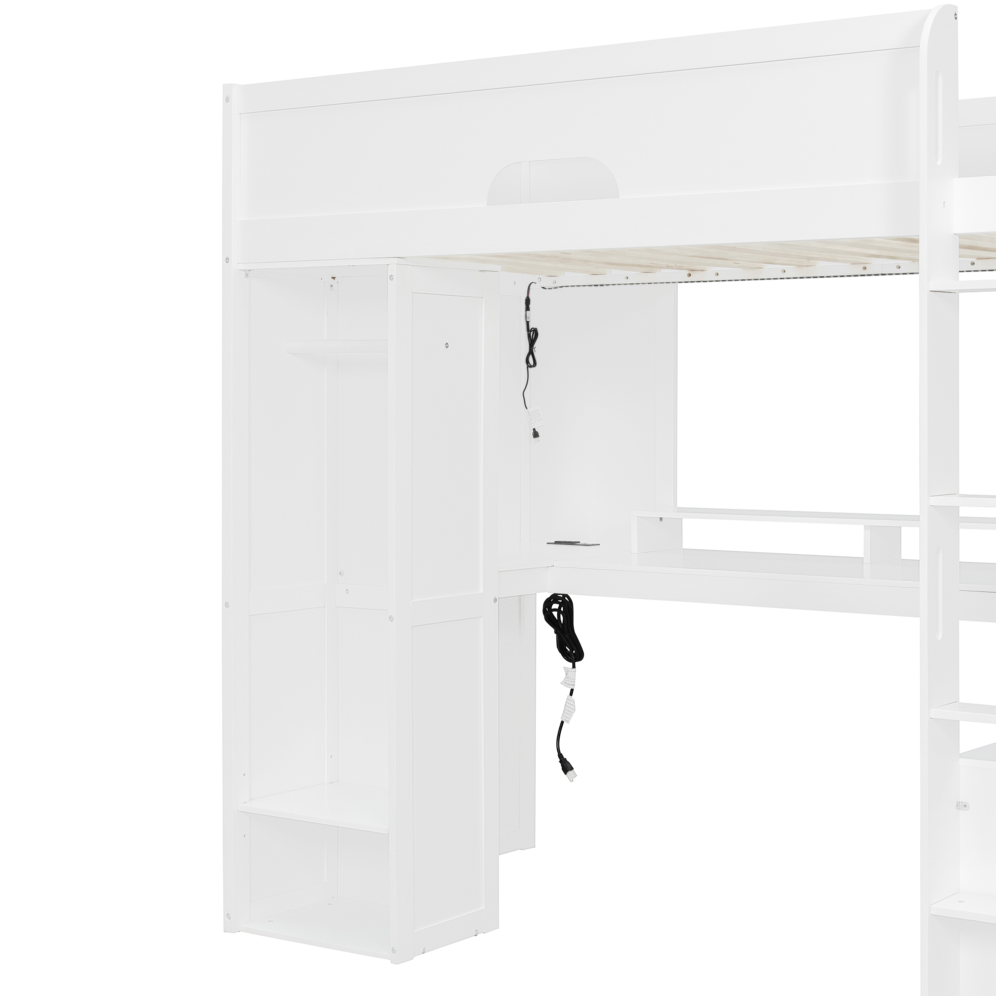 Twin Size Solid Wood Loft Bed With L-Shaped Desk, Storage Cabinet and Wardrobe